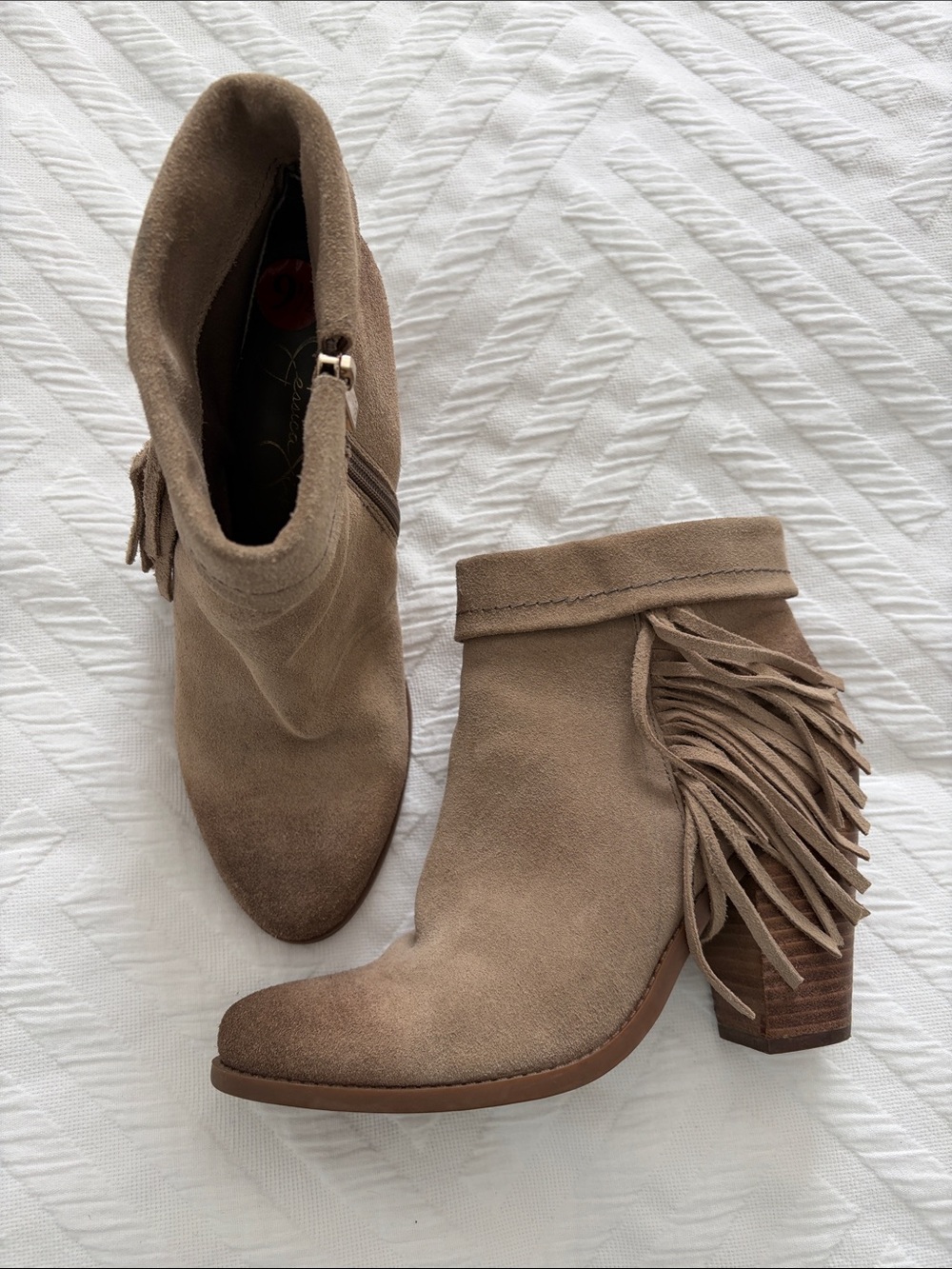 Jessica Simpson Callaghan Taupe Suede Fringe Ankle Boots - Women
